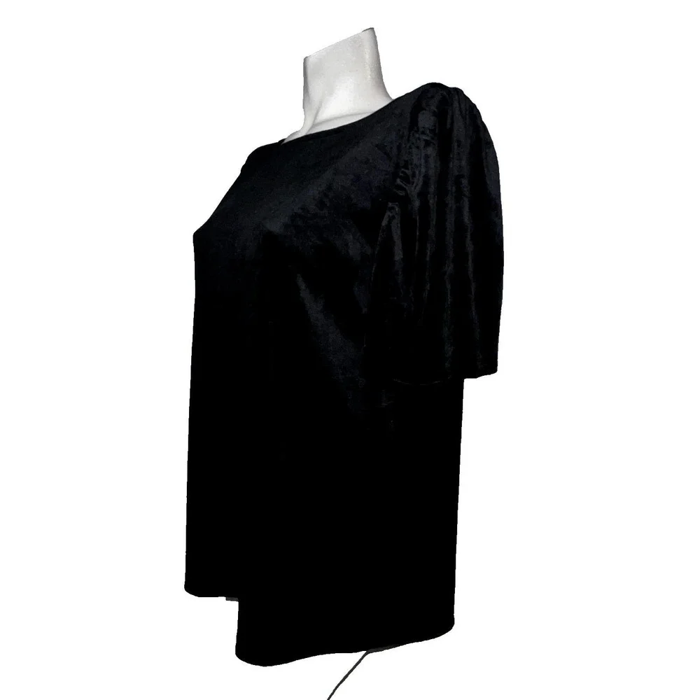 LOFT Womens Black Velvet Puff Sleeve Boat Neck Top XL Keyhole Back Blouse